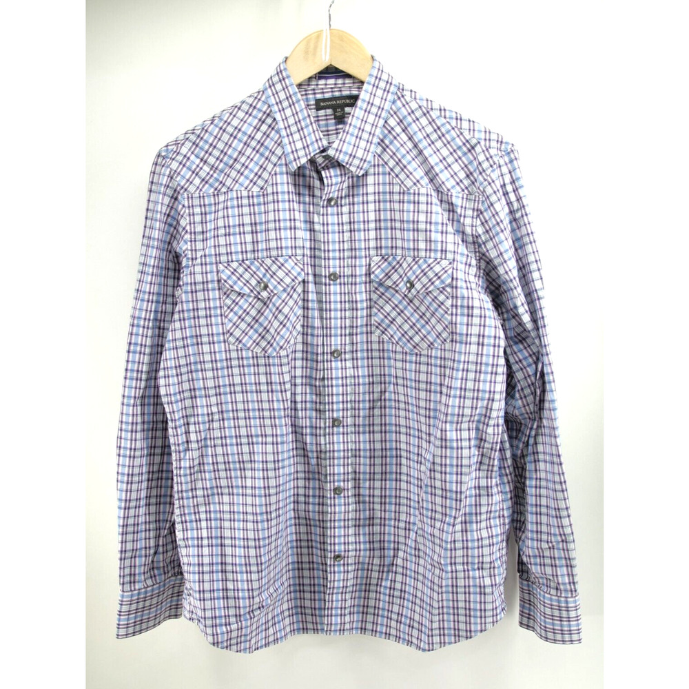 Banana Republic Pearl Snap Shirt Mens‎ Medium Purple Button Up Western Check